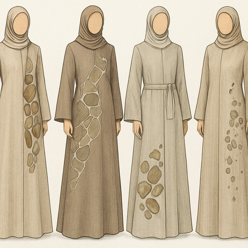 Create a modest two-piece linen abaya, the first of its kind, featuring a unique stone design that exudes a classy and sophisticated vibe. I’d like four designs, each showcasing different styles and fabrics. Incorporate high-end, unique chic stone designs to make them truly special. Add little sophisticated stone designs.