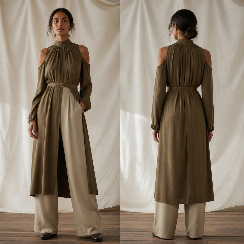 A Female Dress design, with a sturdy, casual hand, with a Relaxed silhouette, with modest, full coverage: longer hemlines, higher necklines and covered shoulders, in an Earth Tones color palette, for Casual, suitable for Winter, suited to a Temperate climate, in Cottagecore style, shown on a model with brown skin and a slim figure. busco algo elegante seductor pero ocasión variada que tenga el escote tapado al cuello los hombros libres manga larga debajo que sea un pantalón sastre de vestir largo y muéstrame que tal tu con las combinaciones a lo que te pedi. Argentina fashion aesthetics. Present it as professional fashion catalogue photography: the garment is the subject, shown full-length with editorial styling, neutral posing and tasteful, non-suggestive framing.
photorealistic fashion design, A Female Dress design, with a sturdy, casual hand, with a Relaxed silhouette, with modest, full coverage: longer hemlines, higher necklines and covered shoulders, in an Earth Tones color palette, for Casual, suitable for Winter, suited to a Temperate climate, in Cottagecore style, shown on a model with brown skin and a slim figure. busco algo elegante seductor pero ocasión variada que tenga el escote tapado al cuello los hombros libres manga larga debajo que sea un pantalón sastre de vestir largo y muéstrame que tal tu con las combinaciones a lo que te pedi. Argentina fashion aesthetics. Present it as professional fashion catalogue photography: the garment is the subject, shown full-length with editorial styling, neutral posing and tasteful, non-suggestive framing., cottagecore style, just the design no text, show front and back