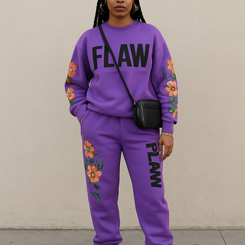 Purple jogging suit with bold words Flaw on it in Black braids gold hoop earrings and gold bracelet flowers on the sleeves and pants Flaw going down on the pants Black cross body purse and black nike shoes 