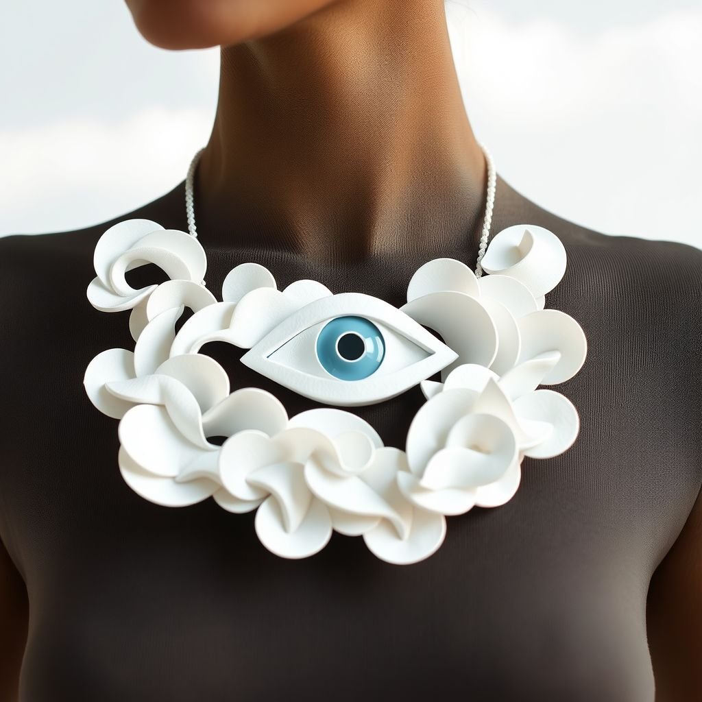 Papier-mâché minimal necklace inspired by eye and clouds
Design a striking minimalistic necklace crafted from delicate papier-mâché, featuring an abstract eye motif surrounded by soft, swirling clouds. The color palette merges ethereal whites with subtle hints of pastel blues, evoking a dreamy sky. This wearable art piece harmoniously balances whimsy and simplicity, perfect for the avant-garde fashion enthusiast.