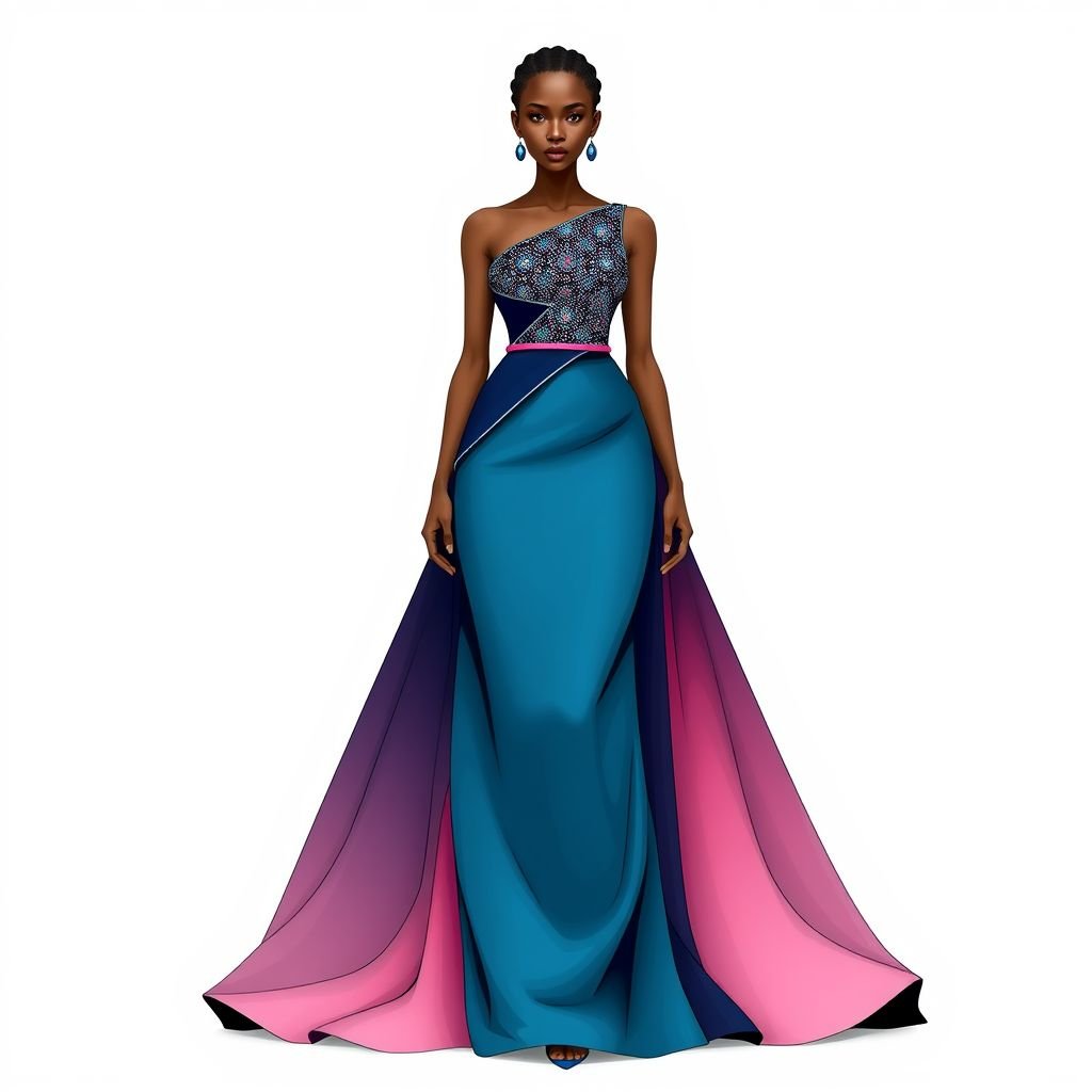 African Asymmetrical bodice. 3/4 flared skirt blue pink color
Design a striking formal gown featuring an African-inspired asymmetrical bodice adorned with intricate beadwork. The 3/4 flared skirt elegantly flows in a gradient of deep blue and soft pink, embodying sophistication. Incorporate structured elements and luxurious fabrics, elevating the ensemble with subtle embellishments that capture the essence of modern elegance.