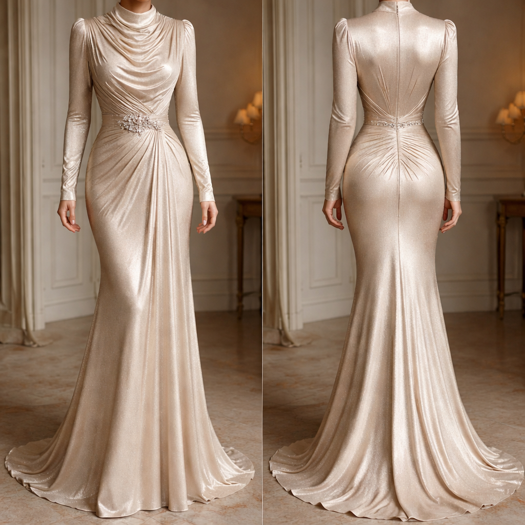 Make me an evening gown but conservative in a beige metallic fabric.
Make me an evening gown but conservative in a beige metallic fabric. , classic style, show front and back