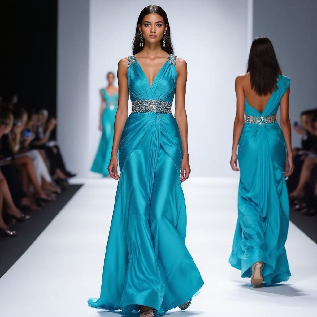 A turquoise draped pharoanic inspired gown with beadings that doesnt look costumey
Glamorous fashion: A turquoise silk draped gown, pharaoh-inspired, with delicate beadwork. It features a cinched waist and a flowing silhouette, exuding understated glamour without being costumey.