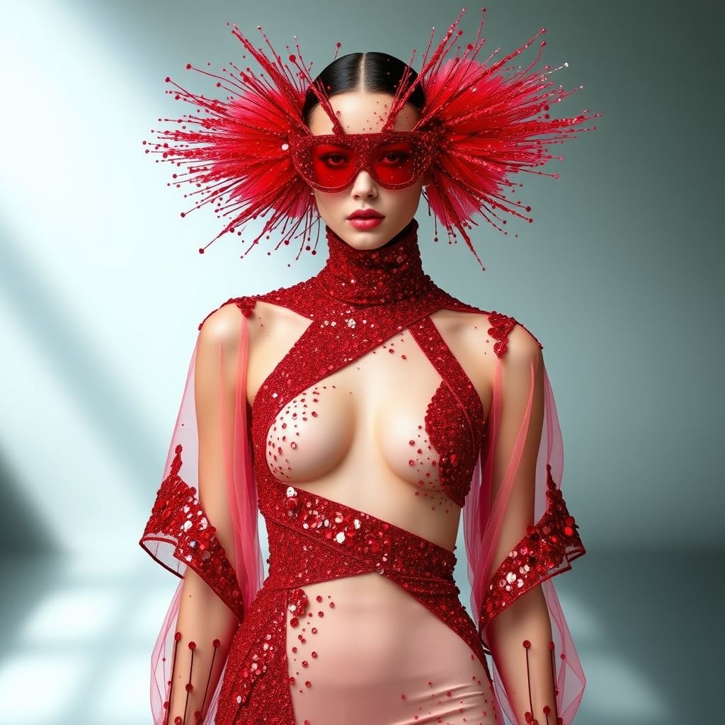 All red gliter small amount of fabric
Create an avant-garde outfit featuring an explosion of vibrant red glitter, utilizing minimal fabric to sculpt a dramatic silhouette. Incorporate asymmetrical cuts and layered textures, blending sheer panels with sparkling embellishments. Emphasize abstract shapes and bold, artistic statement pieces, ensuring each element celebrates individuality and artistic expression in every detail.