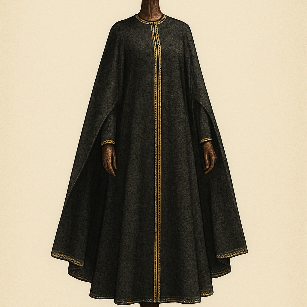 Prompt (detailed):
"Photorealistic fashion render of a long full‑length black abaya with an attached flowing cape displayed on a luxurious wooden mannequin. Mannequin: full‑body polished dark mahogany wooden mannequin with subtle wood grain and fine lacquer finish, elegant round carved base, neutral upright pose, joints seamlessly integrated (no distracting hardware); mannequin fully visible down to the ankles. Abaya: length approx. 135–145 cm from shoulder to ankle; cape begins at the shoulder and falls 100–120 cm covering back and sides; relaxed slightly A‑line silhouette with soft folds and natural drape. Neck: simple round neckline (optional small stand collar). Sleeves: inner fitted sleeves to the wrist; cape includes arm slits 18–22 cm for mobility. Trim: narrow warm metallic gold jauta (6–12 mm) along front opening, cape hem and sleeve openings with subtle geometric repeat pattern. Fabric: heavy black crepe or wool‑silk blend, matte body with soft satin highlights; satin lining visible subtly at arm slits. Construction: clean finishing, invisible hook at neck. Lighting & presentation: studio soft top‑down key light with gentle rim light to separate silhouette, subtle floor shadow to anchor the mannequin; neutral gradient background (dark-to-mid gray). Shots & framing: full‑length front (portrait 2:3) showing mannequin feet and ankle, full back, 3/4 view, and close‑up of trim and wooden texture. Color refs: black #000000, gold #d4af37. Render style: high‑end fashion catalog, crisp detail, shallow depth of field on closeups."
Short sketch prompt:
"Long black abaya with flowing cape on a polished mahogany wooden mannequin (visible to ankles), gold jauta trim, heavy crepe texture — front/back/3‑4/close‑up, portrait 2:3, fashion sketch style."
Prompt (detailed):
"Photorealistic fashion render of a long full‑length black abaya with an attached flowing cape displayed on a luxurious wooden mannequin. Mannequin: full‑body polished dark mahogany wooden mannequin with subtle wood grain and fine lacquer finish, elegant round carved base, neutral upright pose, joints seamlessly integrated (no distracting hardware); mannequin fully visible down to the ankles. Abaya: length approx. 135–145 cm from shoulder to ankle; cape begins at the shoulder and falls 100–120 cm covering back and sides; relaxed slightly A‑line silhouette with soft folds and natural drape. Neck: simple round neckline (optional small stand collar). Sleeves: inner fitted sleeves to the wrist; cape includes arm slits 18–22 cm for mobility. Trim: narrow warm metallic gold jauta (6–12 mm) along front opening, cape hem and sleeve openings with subtle geometric repeat pattern. Fabric: heavy black crepe or wool‑silk blend, matte body with soft satin highlights; satin lining visible subtly at arm slits. Construction: clean finishing, invisible hook at neck. Lighting & presentation: studio soft top‑down key light with gentle rim light to separate silhouette, subtle floor shadow to anchor the mannequin; neutral gradient background (dark-to-mid gray). Shots & framing: full‑length front (portrait 2:3) showing mannequin feet and ankle, full back, 3/4 view, and close‑up of trim and wooden texture. Color refs: black #000000, gold #d4af37. Render style: high‑end fashion catalog, crisp detail, shallow depth of field on closeups."
Short sketch prompt:
"Long black abaya with flowing cape on a polished mahogany wooden mannequin (visible to ankles), gold jauta trim, heavy crepe texture — front/back/3‑4/close‑up, portrait 2:3, fashion sketch style.", show front and back