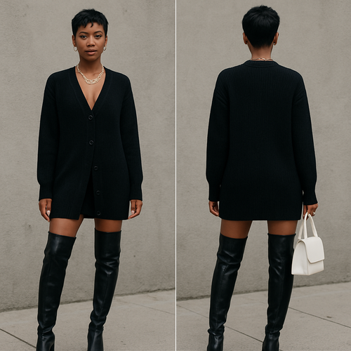Black woman 
Pixie cut 
Long cardigan closed 
Black shorts 
Gold jewelry 
thigh high boots 
White purse 

