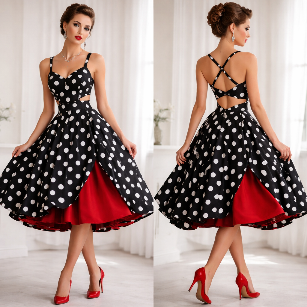 Create a gorgeous old Hollywood black and white polka dot midi dress with a strappy back and subtle tummy cut outs with a fully skirt , a cheeky cherry red under skirt and matching eye catching red heals. Hair should be a modern classic up do. Jewellery and makeup should have Audrey vibes.
Create a gorgeous old Hollywood black and white polka dot midi dress with a strappy back and subtle tummy cut outs with a fully skirt , a cheeky cherry red under skirt and matching eye catching red heals. Hair should be a modern classic up do. Jewellery and makeup should have Audrey vibes., classic style, show front and back