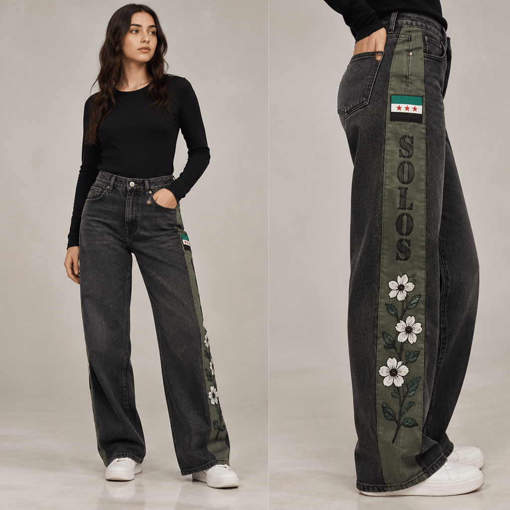 A Female Pants design, suitable for Fall, in Casual style. اول رجل شيل علم امريكيا وحط بدالو علم سوريا الجديد والخط الي عطرف الرجل بتعملو زيتي وبتكتب عليه كلمه SOLOS وعالرجل من تحت بدي تحط تلاته غصون ياسمين وتكون الوردة بيضا والقلب اسود والغصن اخضر يعني يعني ب الوان العلم. SY fashion aesthetics. Present it as professional fashion catalogue photography: the garment is the subject, shown full-length with editorial styling, neutral posing and tasteful, non-suggestive framing.
photorealistic fashion design, A Female Pants design, suitable for Fall, in Casual style. اول رجل شيل علم امريكيا وحط بدالو علم سوريا الجديد والخط الي عطرف الرجل بتعملو زيتي وبتكتب عليه كلمه SOLOS وعالرجل من تحت بدي تحط تلاته غصون ياسمين وتكون الوردة بيضا والقلب اسود والغصن اخضر يعني يعني ب الوان العلم. SY fashion aesthetics. Present it as professional fashion catalogue photography: the garment is the subject, shown full-length with editorial styling, neutral posing and tasteful, non-suggestive framing., casual style, just the design no text
