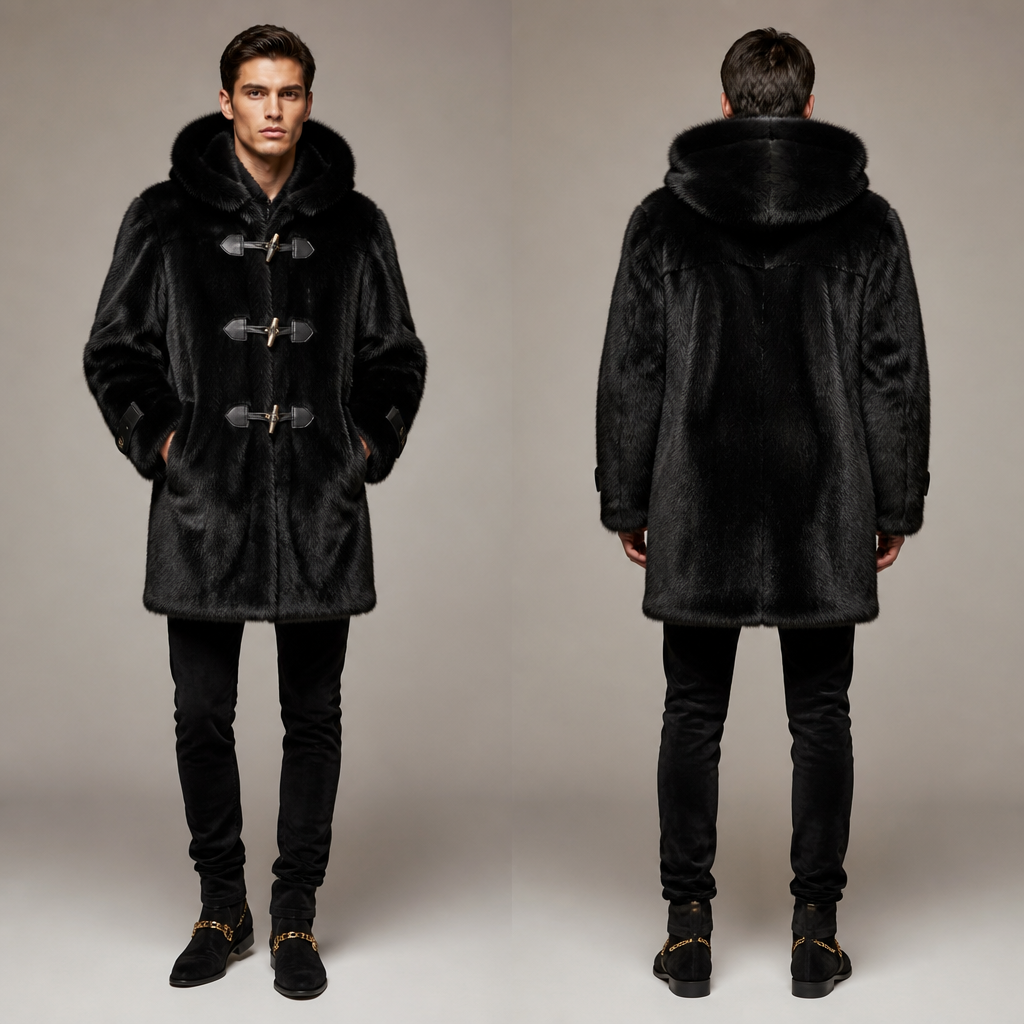 Men’s duffle coat in fox fur in black with black suede jeans and black suede elegant shoe boots in suede with a small chains instead of shoe laces gold chains
photorealistic fashion design, Men’s duffle coat in fox fur in black with black suede jeans and black suede elegant shoe boots in suede with a small chains instead of shoe laces gold chains
, luxury style, just the design no text, show front and back