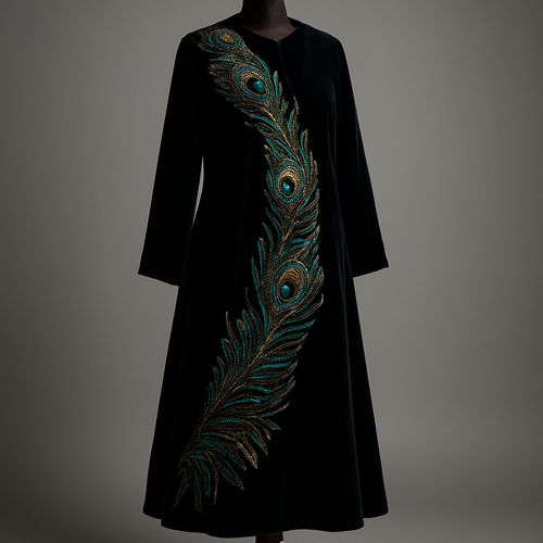 
2) Peacock plume embroidery  
Photorealistic full-length black velvet ankle-length abaya on a luxurious polished dark-walnut wooden mannequin with carved pedestal, ankle visible; stylized peacock feather pattern in teal, emerald and gold Swarovski crystals and metallic thread, concentrated at shoulder and sweeping to lower skirt, layered 3D feather tips. Studio: directional side light to show depth, soft gray background. (Midjourney: --ar 2:3 --v 5 --q 2)