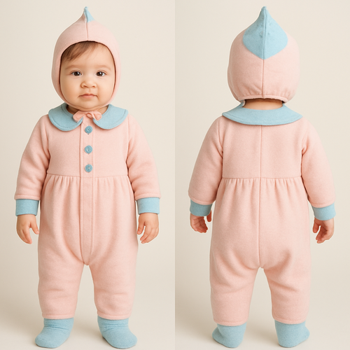 一歳の女の子着用画
淡いピンクベースに薄い水色の差し色の小人のような全身コーディネート
カバーオール
頭から足まで