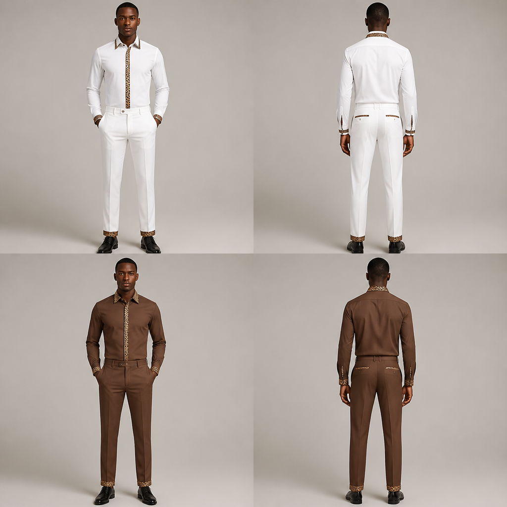 Un ensemble pantalon chemise col paster homme pour serveur restaurant. L’ensemble a un design avec tissu panthère noir et marron sur la chemise et sur la finition du pantalon, Je veux deux design, un vêtement en blanc et l’autre en marron
photorealistic fashion design, Un ensemble pantalon chemise col paster homme pour serveur restaurant. L’ensemble a un design avec tissu panthère noir et marron sur la chemise et sur la finition du pantalon, Je veux deux design, un vêtement en blanc et l’autre en marron , office style, just the design no text, show front and back