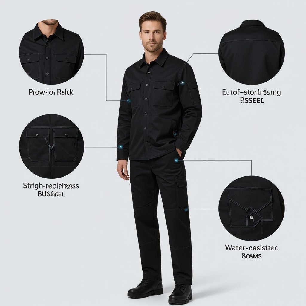 Engineering supervisor uniform
Tactical black, water-resistant twill work shirt and trousers, straight cut, with reinforced seams for durability, suitable for an engineering supervisor.