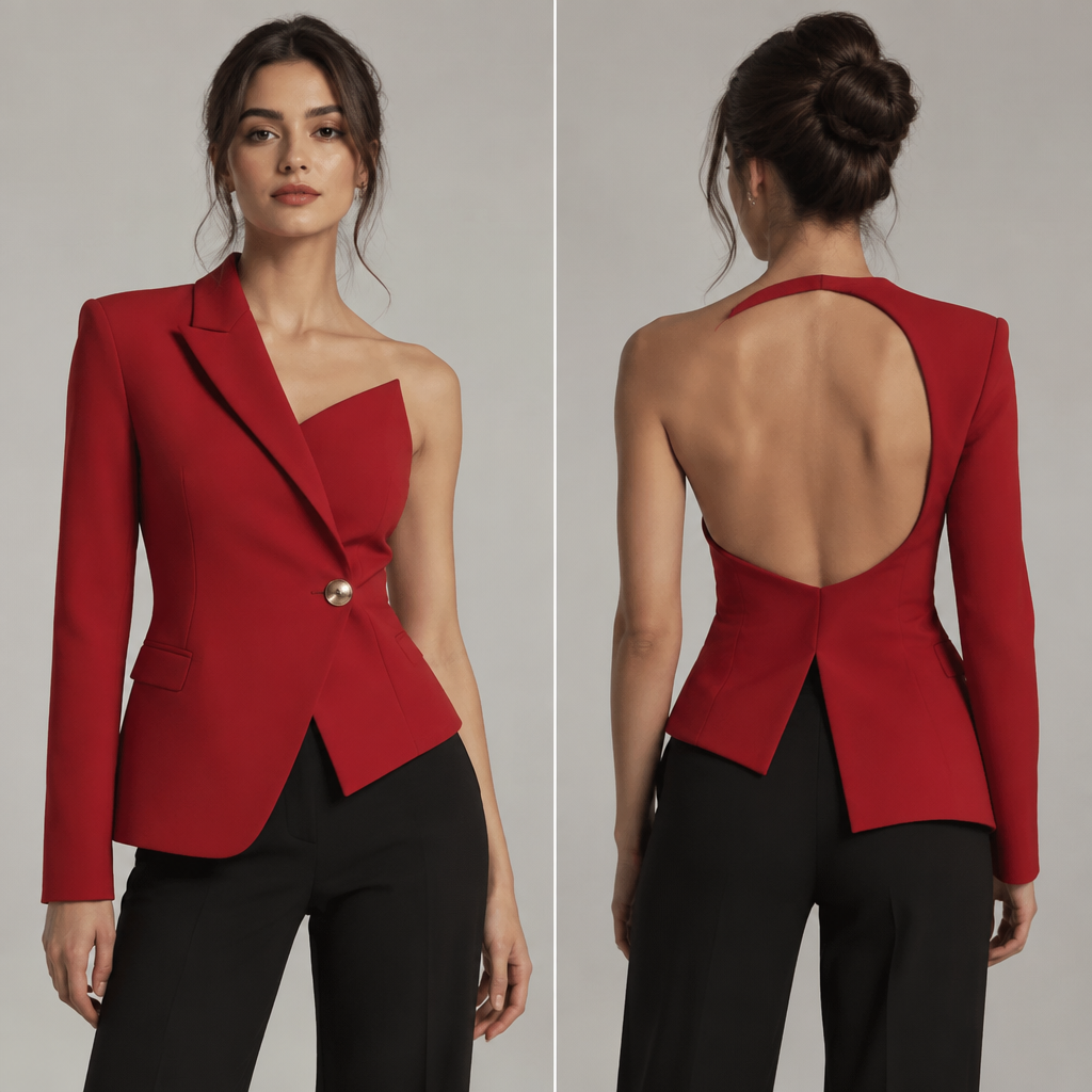 جاكت احمر من الأمام ناحيه فيها لياقه وناحيه لا له ذورار واحد والضهر مفتوح مدور
photorealistic fashion design, جاكت احمر من الأمام ناحيه فيها لياقه وناحيه لا له ذورار واحد والضهر مفتوح مدور , formal style, just the design no text, show front and back