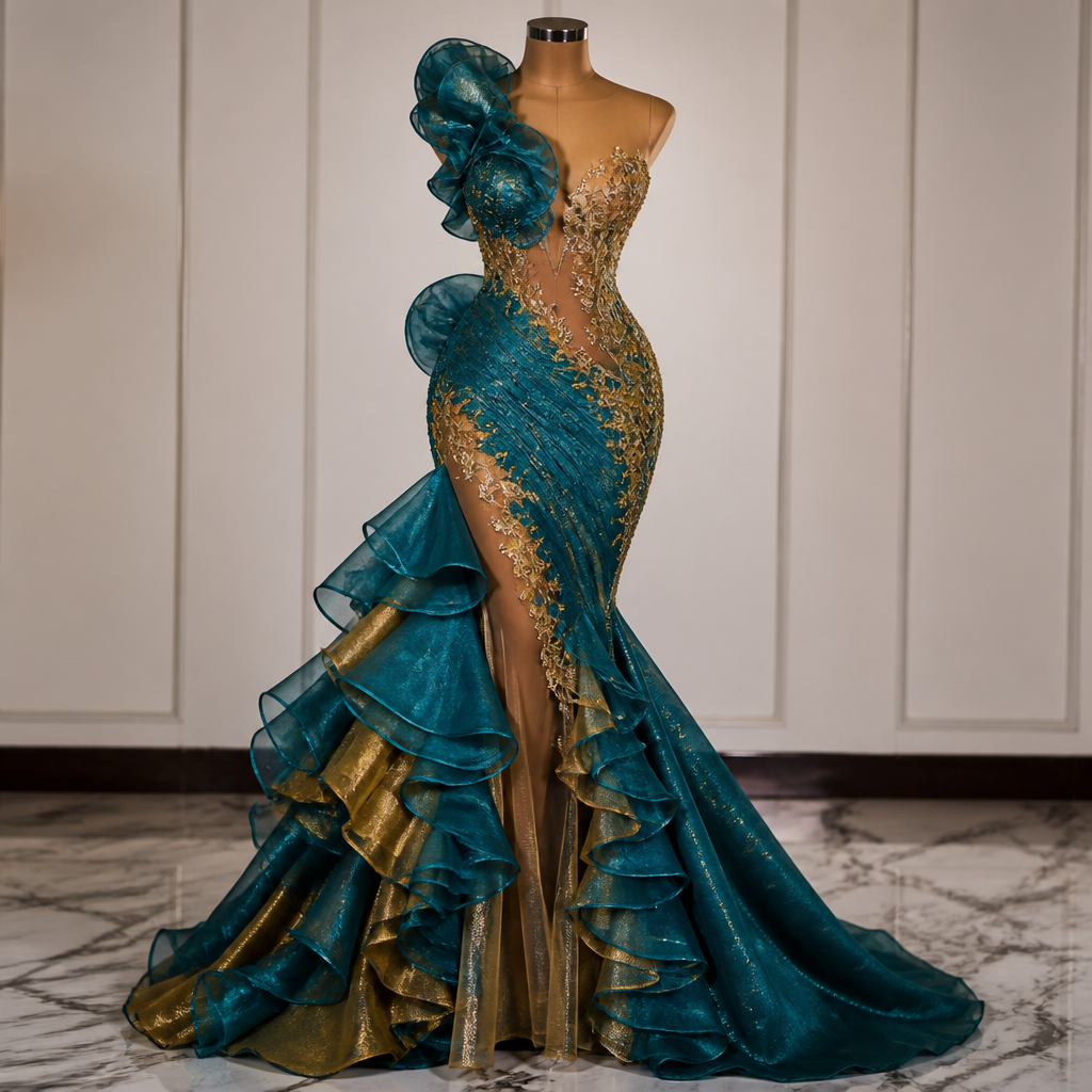A Female Dress design. create a teal blue and gold color Nigerian gown with alot of ruffles and illusion and slightly beaded. Nigeria fashion aesthetics.
photorealistic fashion design, A Female Dress design. create a teal blue and gold color Nigerian gown with alot of ruffles and illusion and slightly beaded. Nigeria fashion aesthetics., just the design no text