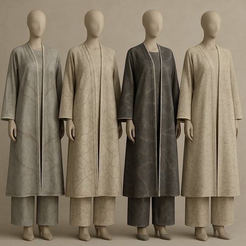 Create a modest abaya and loose pant, first of its kind, featuring a unique stone design that exudes a classy and sophisticated vibe. I'd like four designs, each showcasing different styles and fabrics. Incorporate high-end, unique chic stone designs to make them truly special. Add little sophisticated stone designs. Make it irresistible!