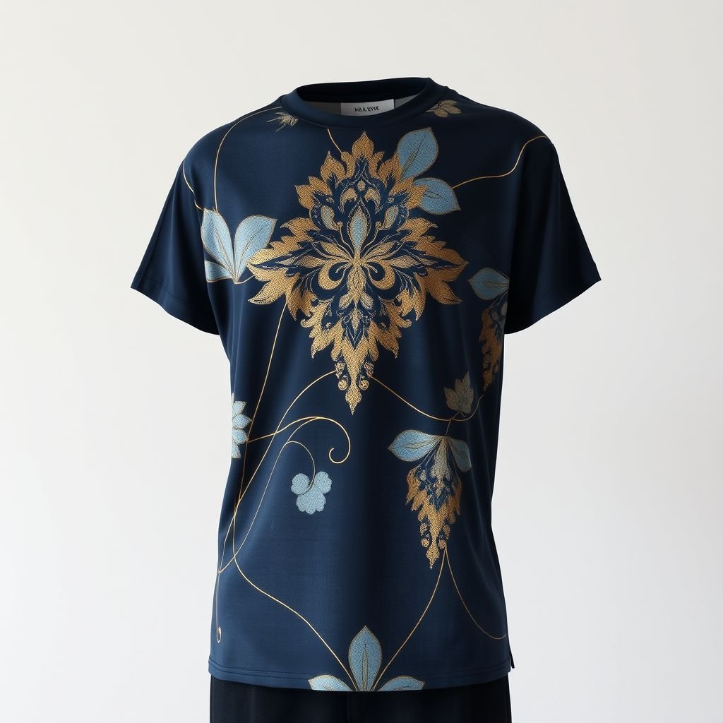 Create a T-shirt with very unique design that should give premium and decent look please
Design a T-shirt featuring an intricate, hand-painted abstract pattern that merges art deco elegance with modern minimalism. Utilize luxury organic cotton in a soft, muted palette of deep navy and gold accents. Incorporate layered textures, including sheer paneling and subtle embroidery, to elevate its sophistication, offering both comfort and understated opulence.