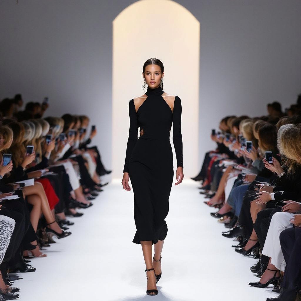 Can u make open back black dress and make it slim
Open-back, slim-fit black jersey dress with a high neckline and long sleeves.