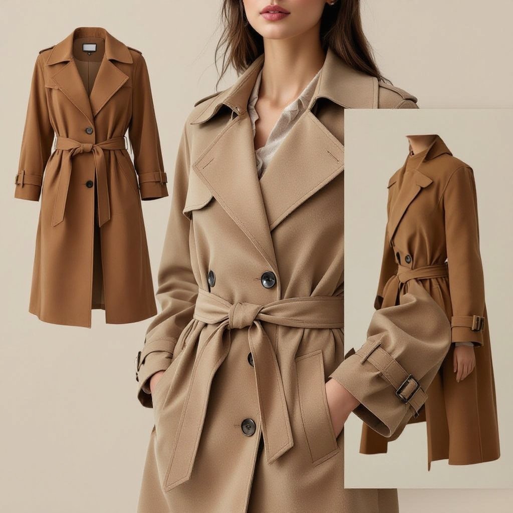 یه ترنچ کت کژوال با پارچه جیر سوئیت طراحی کن
Design a casual trench coat made from suede fabric, featuring a relaxed cut, button-front closure, and a simple belt at the waist.