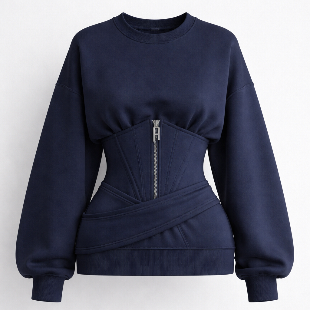 “Design a navy blue sweatshirt with a slightly oversized fit and a built-in corset silhouette. The corset features a visible front zipper, with the zipper pull designed in the shape of the letter ‘F’ as a distinct design element. The corset is made from soft, flexible fabric, not rigid, ensuring comfort and ease of movement. The design includes an asymmetric wrap detail across the waist, adding a modern and fashion-forward touch. Subtle raised seam lines in the same navy color enhance the structured yet elegant look. The overall aesthetic is modern, minimal, and stylish athleisure.”
Sportswear fashion design: Design a navy blue oversized sweatshirt. It has a built-in corset with a visible front zipper. The zipper pull is shaped like an 'F'. The corset is soft and flexible. An asymmetric wrap detail crosses the waist. Subtle raised seam lines match the navy color.