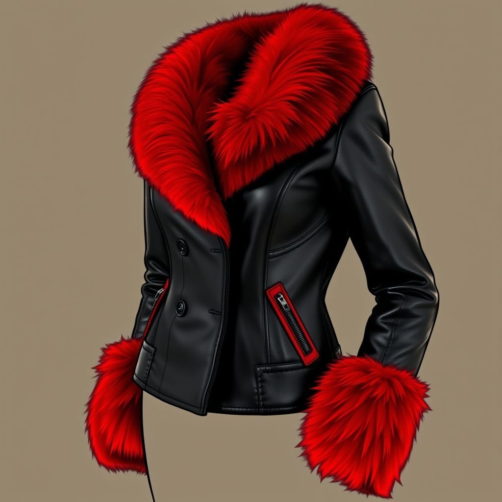 A black leather colar jacket with big red fur lapels and red pockets but is small and has red pockets plus red fur on its sleeves
Design an exquisite vintage-inspired black leather collar jacket, featuring oversized crimson fur lapels and vibrant red pockets. The silhouette is tailored to be snug, accentuating a retro aesthetic. Reminiscent of 1960s mod fashion, it includes lavish red fur trimmed sleeves, perfectly blending classic elegance with bold, playful flair for a statement piece.
