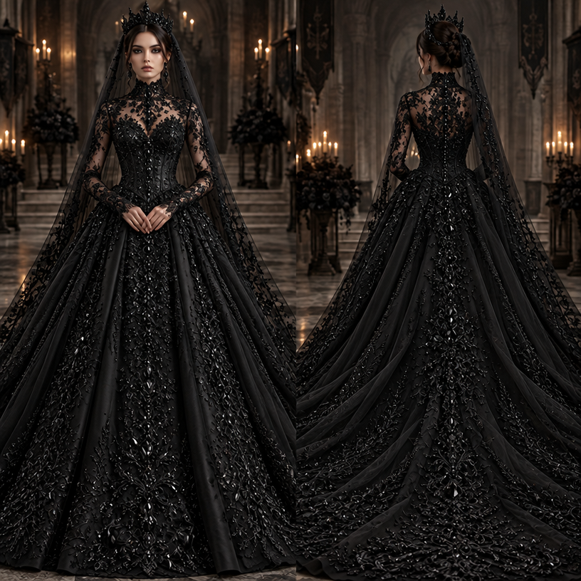 Ultra-luxurious modern black gothic wedding gown, breathtaking high-fashion couture, dark queen aesthetic, contemporary designer bridal fashion, NOT vintage, NOT medieval, NOT Victorian, NOT old-fashioned.
A spectacular sculpted black corset completely embellished with hundreds of black crystals, oversized faceted black gemstones, intricate black diamond-like stones, luxurious sparkling beadwork and elaborate crystal patterns covering the entire bodice. Extremely rich gemstone detailing, dramatic luxurious shine, beautiful structured waist, perfectly tailored feminine silhouette.
A magnificent oversized statement necklace with large black gemstones, dramatic gothic royal jewelry, intricate black metalwork, a bold luxurious choker necklace extending elegantly across the collarbones, the necklace is a major focal point of the design. Matching black gemstone earrings and an elegant black crown.
Elegant high neckline with delicate black lace, sophisticated gothic details, beautiful long detachable lace sleeves.
An enormous voluminous black ball gown skirt made of multiple layers of luxurious black tulle and satin, dramatic sweeping cathedral train, breathtaking fullness, elegant flowing silhouette, rich black textures.
Modern dark luxury, powerful feminine elegance, extravagant couture craftsmanship, gothic royalty reimagined for the modern era, expensive designer aesthetic, striking original design.
Entirely black color palette, black crystals only, no white stones, no silver-colored gemstones, no pink, no cleavage, no vintage styling, no historical costume.
Photorealistic luxury bridal fashion editorial, full-length front and back views, extremely detailed black gemstones and jewelry, realistic luxurious fabrics, dramatic professional studio lighting.
edit the attached fashion design with these instructions: Ultra-luxurious modern black gothic wedding gown, breathtaking high-fashion couture, dark queen aesthetic, contemporary designer bridal fashion, NOT vintage, NOT medieval, NOT Victorian, NOT old-fashioned.
A spectacular sculpted black corset completely embellished with hundreds of black crystals, oversized faceted black gemstones, intricate black diamond-like stones, luxurious sparkling beadwork and elaborate crystal patterns covering the entire bodice. Extremely rich gemstone detailing, dramatic luxurious shine, beautiful structured waist, perfectly tailored feminine silhouette.
A magnificent oversized statement necklace with large black gemstones, dramatic gothic royal jewelry, intricate black metalwork, a bold luxurious choker necklace extending elegantly across the collarbones, the necklace is a major focal point of the design. Matching black gemstone earrings and an elegant black crown.
Elegant high neckline with delicate black lace, sophisticated gothic details, beautiful long detachable lace sleeves.
An enormous voluminous black ball gown skirt made of multiple layers of luxurious black tulle and satin, dramatic sweeping cathedral train, breathtaking fullness, elegant flowing silhouette, rich black textures.
Modern dark luxury, powerful feminine elegance, extravagant couture craftsmanship, gothic royalty reimagined for the modern era, expensive designer aesthetic, striking original design.
Entirely black color palette, black crystals only, no white stones, no silver-colored gemstones, no pink, no cleavage, no vintage styling, no historical costume.
Photorealistic luxury bridal fashion editorial, full-length front and back views, extremely detailed black gemstones and jewelry, realistic luxurious fabrics, dramatic professional studio lighting.. keep it photorealistic, just the design no text