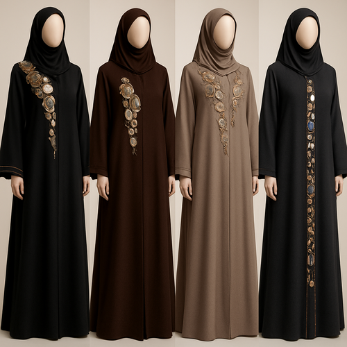 Create me modest abaya that's first in the world, using unique stone design, classy and sophisticated. Keep me 4 designs. Make them rich by adding unique chic stone high end designs and . Showcasing different styles and fabric.