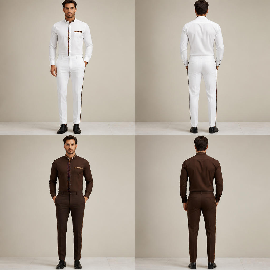 Un ensemble pantalon chemise col paster homme pour serveur restaurant. L’ensemble a un design avec tissu panthère noir et marron sur la chemise et sur la finition du pantalon, simple mais élégant, classique. Je veux deux design, un vêtement en blanc et l’autre en marron
photorealistic fashion design, Un ensemble pantalon chemise col paster homme pour serveur restaurant. L’ensemble a un design avec tissu panthère noir et marron sur la chemise et sur la finition du pantalon, simple mais élégant, classique. Je veux deux design, un vêtement en blanc et l’autre en marron , office style, just the design no text, show front and back