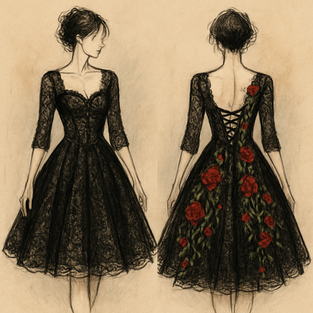 Lace swing dress,black color, champagne underline, 1/3 sleeves. With red roses and green vines embroidered cascading down the back of the dress. Corset top and lace up back.
Lace swing dress,black color, champagne underline, 1/3 sleeves. With red roses and green vines embroidered cascading down the back of the dress. Corset top and lace up back., artsy style, show front and back