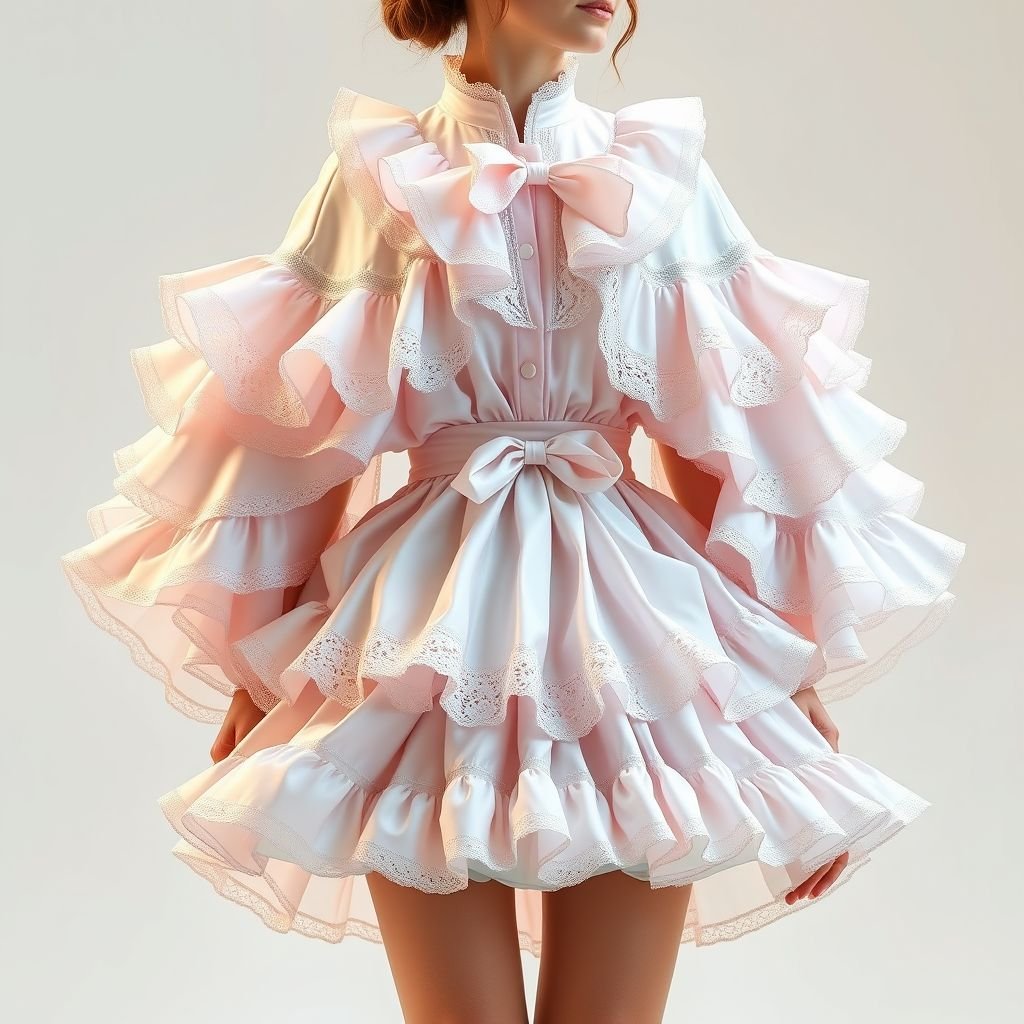 A coat in the shape of a layered princess dress
Design a whimsical coat that embodies a layered princess dress, featuring cascading ruffles in luxurious satin, accentuated with delicate lace trim. The sleeves billow dramatically, transforming into elegant capes. Incorporate soft pastel hues that shimmer under light, paired with a cinched waist for an enchanting silhouette, perfect for a fairytale-inspired outing.