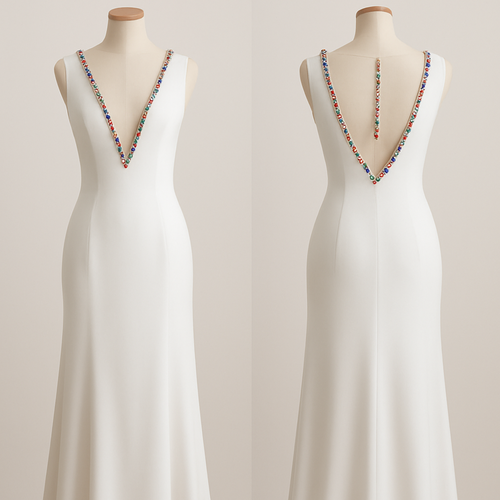 Elegant white dress with a sleeveless bracket neckline and a very deep v-neck decorated with coloured stones all over the edge and a pendant behind that hangs from the neck on the back of coloured stones