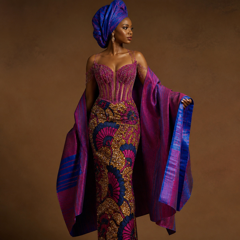 A Female fashion design. Consider Nigerian fashion — Ankara prints, aso-oke, adire, agbada; vibrant patterns, head-wraps (gele), bold colors and statement pieces.
photorealistic fashion design, A Female fashion design. Consider Nigerian fashion — Ankara prints, aso-oke, adire, agbada; vibrant patterns, head-wraps (gele), bold colors and statement pieces., just the design no text