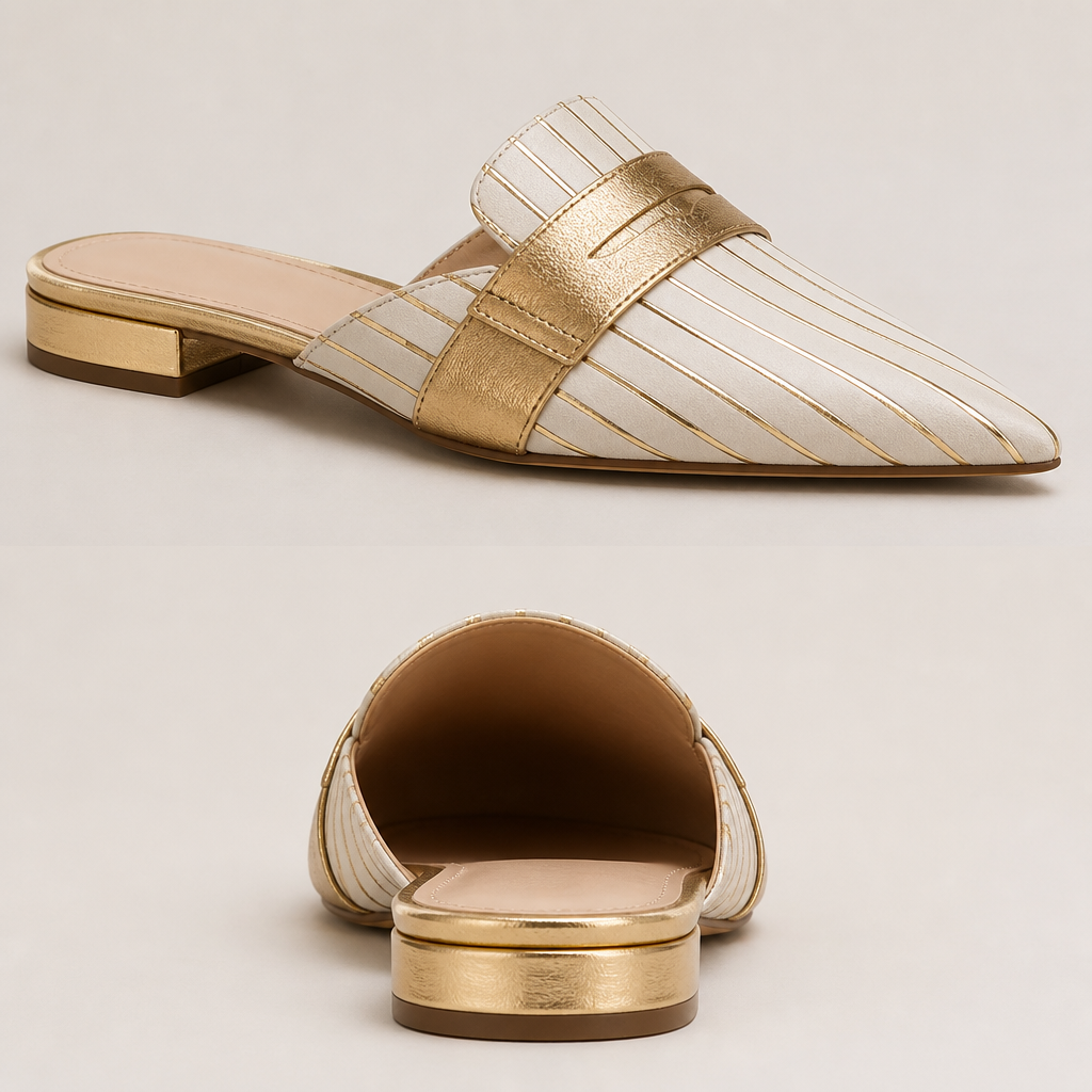 Pointy toe suede slide in one inch heel loafer style shoe women’s gold / white pinstriped
photorealistic fashion design, Pointy toe suede slide in one inch heel loafer style shoe women’s gold / white pinstriped , glamorous style, just the design no text, show front and back
