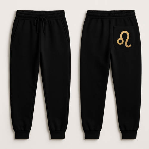 Create a unique trackpant with drawstring and a Leo sign on the back pocket

