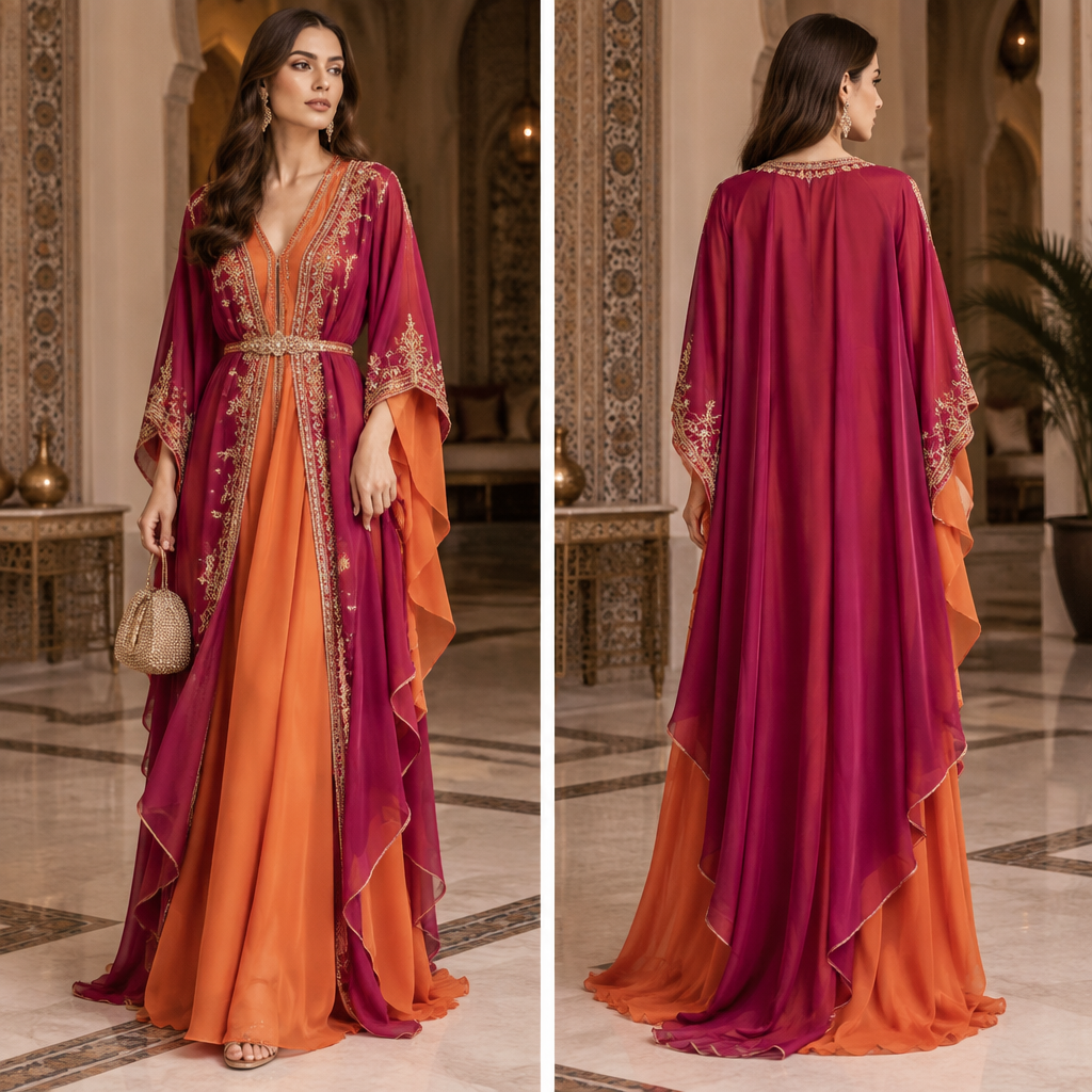 A Female Kaftan design, made of Silk, with a soft, cosy hand, with a Relaxed silhouette, styled in layers, in a Bold & Bright color palette, for Party, suitable for Fall, suited to a Temperate climate, in Elegant style, shown on a model with fair skin and a tall figure. ❤️. Algeria fashion aesthetics. Present it as professional fashion catalogue photography: the garment is the subject, shown full-length with editorial styling, neutral posing and tasteful, non-suggestive framing.
photorealistic fashion design, A Female Kaftan design, made of Silk, with a soft, cosy hand, with a Relaxed silhouette, styled in layers, in a Bold & Bright color palette, for Party, suitable for Fall, suited to a Temperate climate, in Elegant style, shown on a model with fair skin and a tall figure. ❤️. Algeria fashion aesthetics. Present it as professional fashion catalogue photography: the garment is the subject, shown full-length with editorial styling, neutral posing and tasteful, non-suggestive framing., elegant style, just the design no text, show front and back