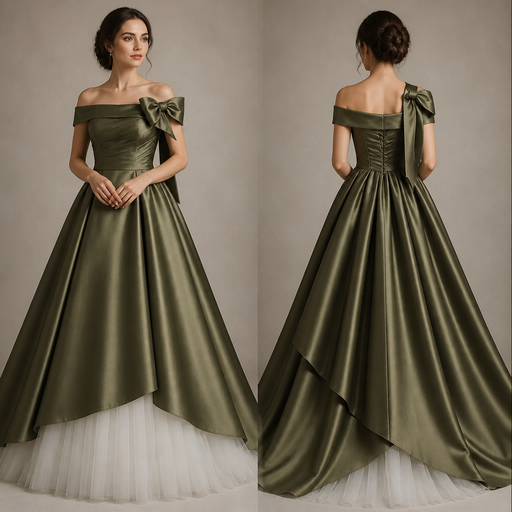 A Female Dress design, made of Satin, for Wedding, suitable for Winter, in Classic style. an off shoulder olive green bodice with a bow on theright side shoulde with a two layerd skirt the top layer be satin same as the bodice whitetutuon the last layer. Design with modest coverage.
photorealistic fashion design, A Female Dress design, made of Satin, for Wedding, suitable for Winter, in Classic style. an off shoulder olive green bodice with a bow on theright side shoulde with a two layerd skirt the top layer be satin same as the bodice whitetutuon the last layer. Design with modest coverage., classic style, just the design no text, show front and back