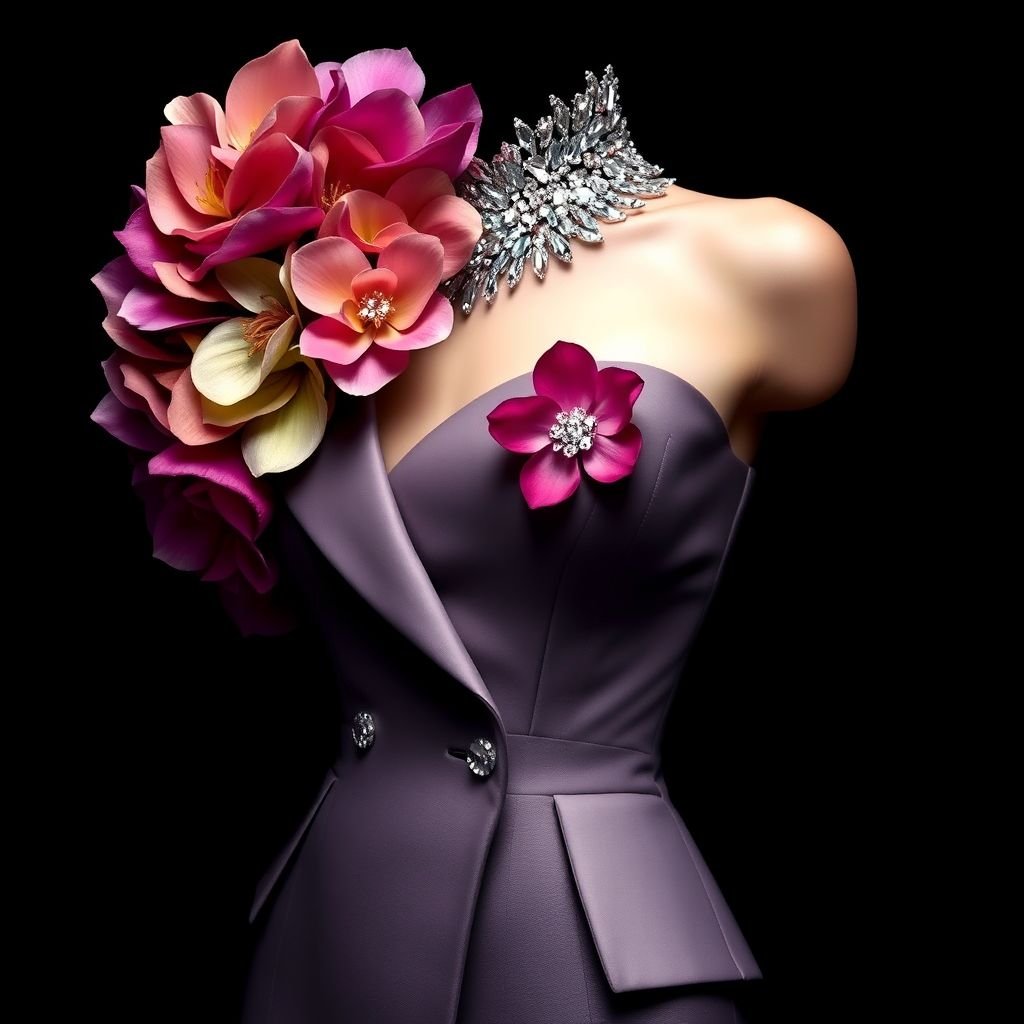 Create a beautiful Gown with structured top that looks like a suit, but one handed and also designed with crystals and on the side that has that has a sleeve. It should have three colors and on the edge of the collar. It should be a flower pedal so that all the other colors look like part of the flower. Make it one sleeve and the collar should start from the right to the left and the base of the collar should be a flower and the three colors that follow it is gonna look like petals join to the flowers. Make the right side sleeveless with the shoulder bare,
Design an exquisite haute couture gown that redefines elegance. Featuring a structured, tailored bodice resembling a sophisticated suit, the gown showcases a stunning one-shoulder design adorned with sparkling crystals. The left side drapes delicately into a floral collar, where three rich colors cascade like petals, seamlessly blending the look into a breathtaking floral masterpiece. The right side remains sleeveless, revealing a bare shoulder that adds allure, while the collar gracefully transitions from right to left, embodying the essence of nature's finest blooms in high fashion.