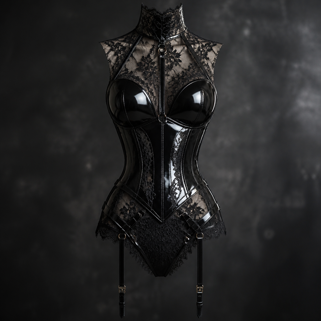 Tenue noir brillant body dentelle
photorealistic fashion design, Tenue noir brillant body dentelle, scene style, just the design no text