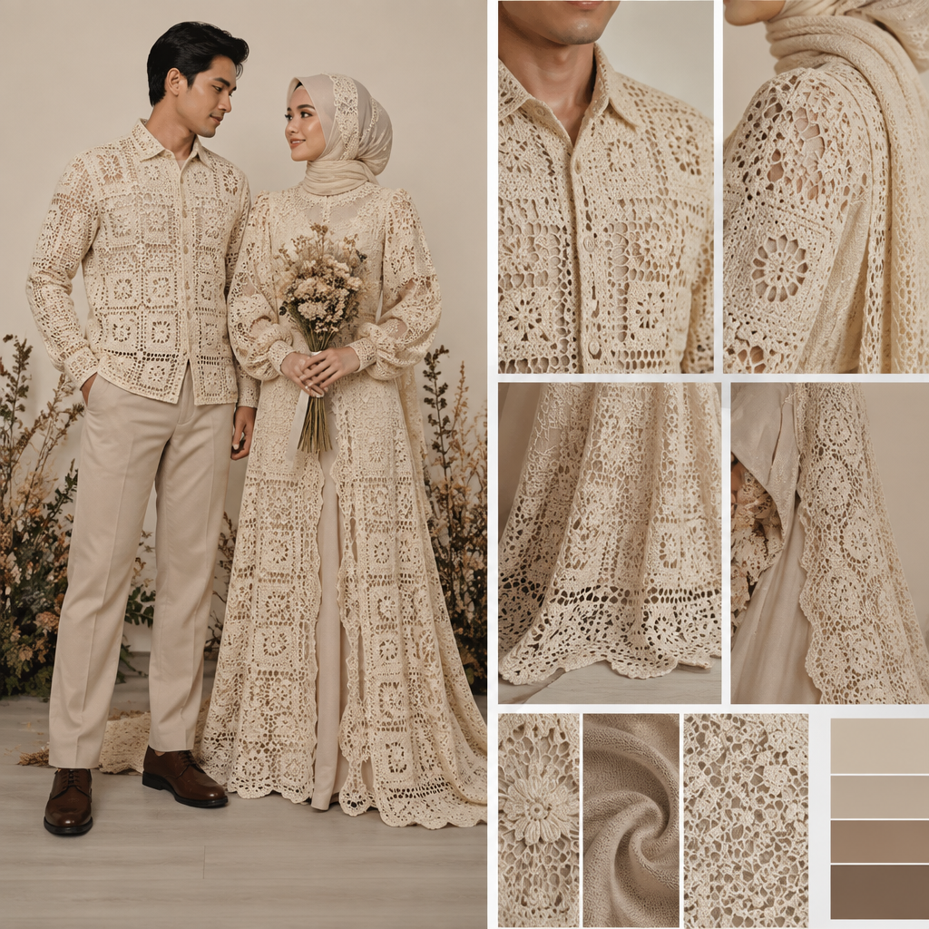 Make a crotchet inspiration style for a modest couple for their pre wedding photo
photorealistic fashion design, Make a crotchet inspiration style for a modest couple for their pre wedding photo , just the design no text