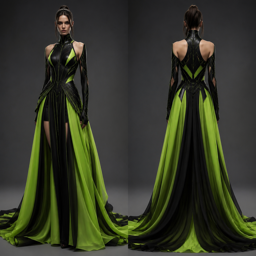 Lime green, black. Flowy. Elegant
photorealistic fashion design, Lime green, black. Flowy. Elegant
, cyberpunk style, just the design no text, show front and back