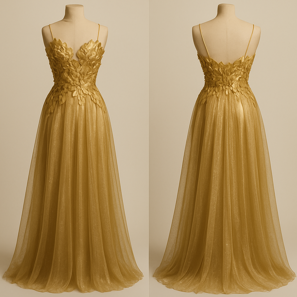 vestito elegante con corpetto con delle foglie in 3d e sotto un velo trasparente  tutto oro 

vestito elegante con corpetto con delle foglie in 3d e sotto un velo trasparente  tutto oro , show front and back
