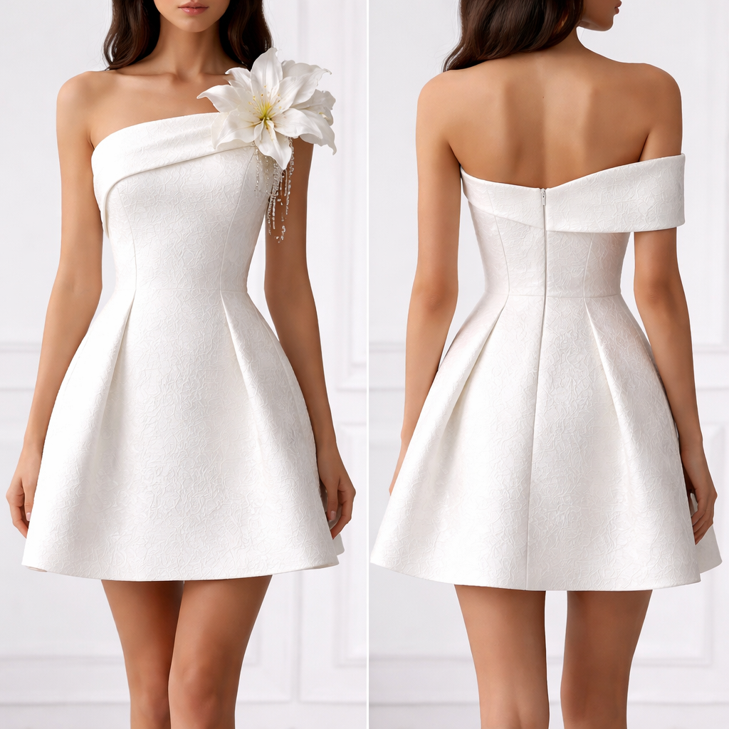 White Jacquard print strapless short a line dress with a fold over with a lily appliqué on one shoulder
White Jacquard print strapless short a line dress with a fold over with a lily appliqué on one shoulder , formal style, show front and back