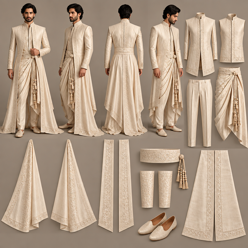Show all the pieces and add a person wearing these
edit the attached fashion design with these instructions: Show all the pieces and add a person wearing these. keep it photorealistic, just the design no text