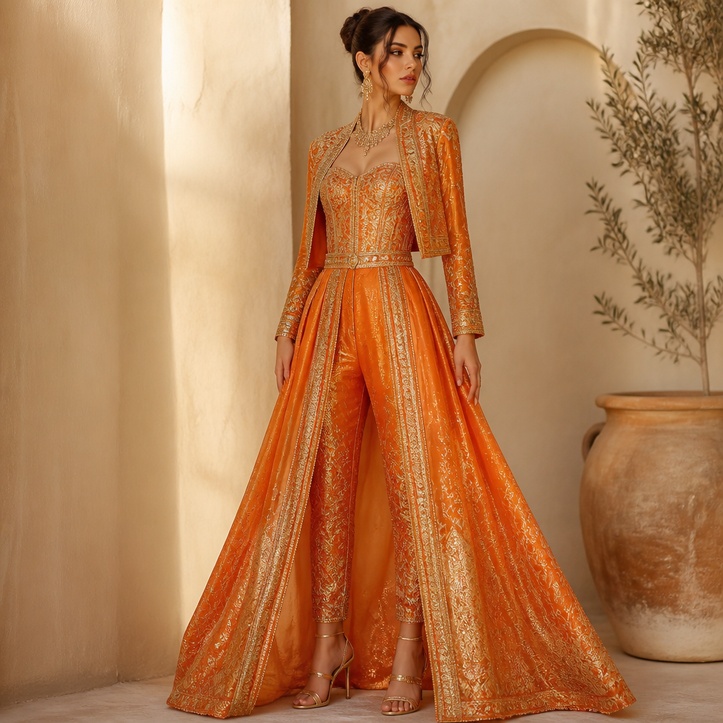 A Female Dress design, suitable for Spring, in Mediterranean style. traditional glamorous unique pants and corset with a jacket and an open skirt in orange and gold so shining and so shimmering ans glowimg that makes the one stands out. Tunisia fashion aesthetics.
photorealistic fashion design, A Female Dress design, suitable for Spring, in Mediterranean style. traditional glamorous unique pants and corset with a jacket and an open skirt in orange and gold so shining and so shimmering ans glowimg that makes the one stands out. Tunisia fashion aesthetics., mediterranean style, just the design no text