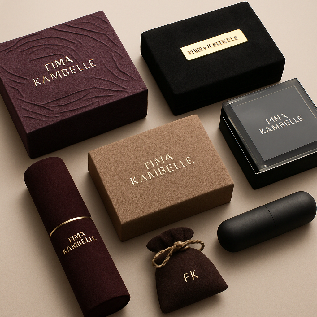 FIMA KAMBELLE clothing brand packaging
1. Sculpted art boxes with carved textures in deep plum or obsidian.
2. Velvet-wrapped cases with gold metal nameplates.
3. Matte boxes with crystal-edge lids for a luxe reveal.
4. Sand-pressed textured boxes in rich, earthy tones.
5. Silk-wrapped scroll tubes for scarves and accessories.
6. Suede pouches with metallic cords and minimal FK branding.
7. Seamless magnetic capsules for a modern, couture feel.
FIMA KAMBELLE clothing brand packaging
1. Sculpted art boxes with carved textures in deep plum or obsidian.
2. Velvet-wrapped cases with gold metal nameplates.
3. Matte boxes with crystal-edge lids for a luxe reveal.
4. Sand-pressed textured boxes in rich, earthy tones.
5. Silk-wrapped scroll tubes for scarves and accessories.
6. Suede pouches with metallic cords and minimal FK branding.
7. Seamless magnetic capsules for a modern, couture feel.