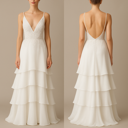 Low cut evening dress. White with white beading embroidery in the middle part and a tiered ruffle long maxi skirt