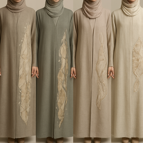 Create a modest two-piece linen abaya, the first of its kind, featuring a unique stone design that exudes a classy and sophisticated vibe. I’d like four designs, each showcasing different styles and fabrics. Incorporate high-end, unique chic stone designs to make them truly special. Add little sophisticated stone designs.