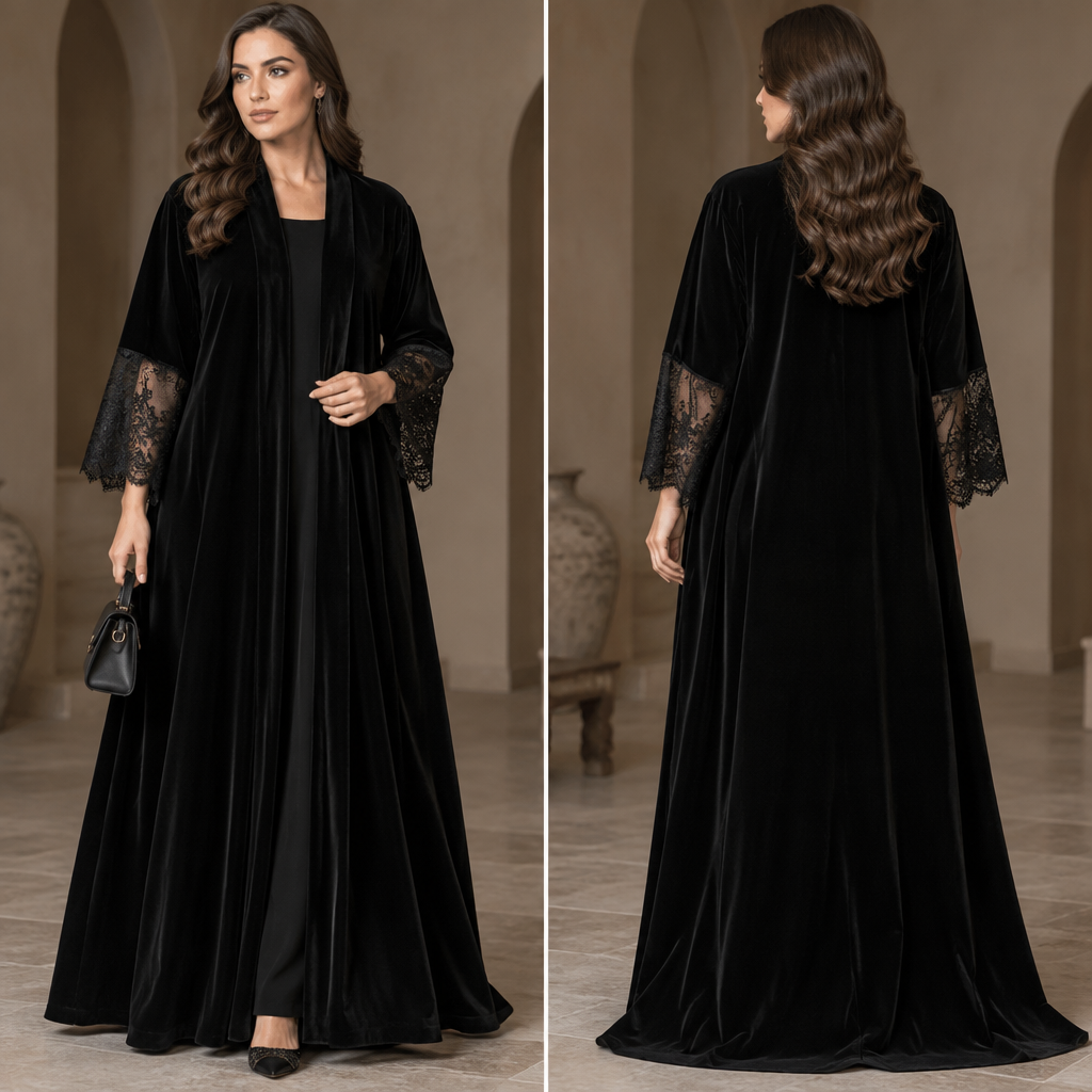photorealistic fashion design, photorealistic fashion design, photorealistic fashion design, A Abaya design, made of Velvet, with a soft, cosy hand, with a Relaxed silhouette, with modest, full coverage: longer hemlines, higher necklines and covered shoulders, in a Monochrome color palette, suitable for Winter, suited to a Cold climate, in Elegant + Bohemian style, shown on a model with fair skin and a curvy figure Present it as professional fashion catalogue photography: the garment is the subject, shown full-length with editorial styling, neutral posing and tasteful, non-suggestive framing., elegant style, just the design no text. Refinement: الأكمام دانتيل ولون القماش اسود, just the design no text. Refinement: العبايه مفتوحه من قدام , just the design no text. Refinement: الأكمام لين الكوع دانتيل ومن فوق عادي
photorealistic fashion design, photorealistic fashion design, photorealistic fashion design, photorealistic fashion design, A Abaya design, made of Velvet, with a soft, cosy hand, with a Relaxed silhouette, with modest, full coverage: longer hemlines, higher necklines and covered shoulders, in a Monochrome color palette, suitable for Winter, suited to a Cold climate, in Elegant + Bohemian style, shown on a model with fair skin and a curvy figure Present it as professional fashion catalogue photography: the garment is the subject, shown full-length with editorial styling, neutral posing and tasteful, non-suggestive framing., elegant style, just the design no text. Refinement: الأكمام دانتيل ولون القماش اسود, just the design no text. Refinement: العبايه مفتوحه من قدام , just the design no text. Refinement: الأكمام لين الكوع دانتيل ومن فوق عادي , just the design no text