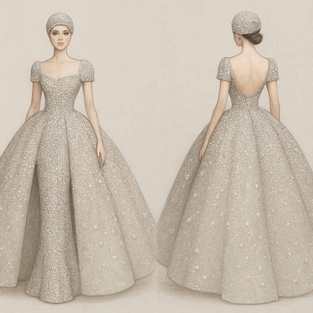Diamond-studded evening dress with a puffy tail and cap
Diamond-studded evening dress with a puffy tail and cap
, show front and back