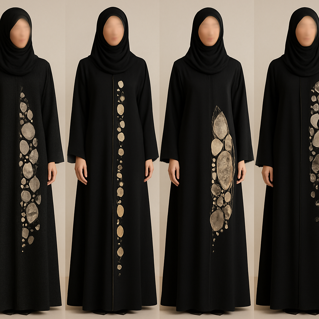 Create a modest abaya, first of its kind, featuring a unique stone design that exudes a classy and sophisticated vibe. I'd like four designs, each showcasing different styles and fabrics. Incorporate high-end, unique chic stone designs to make them truly special. Add little sophisticated stone designs. Make it irresistible for customers 

Create a modest abaya, first of its kind, featuring a unique stone design that exudes a classy and sophisticated vibe. I'd like four designs, each showcasing different styles and fabrics. Incorporate high-end, unique chic stone designs to make them truly special. Add little sophisticated stone designs. Make it irresistible for customers 